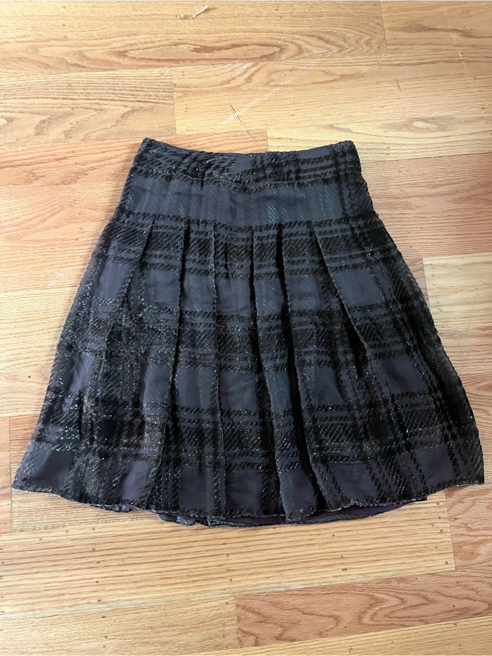 Chocolate Brown Shimmery Sheer Plaid Pleated Skirt Fits Medium